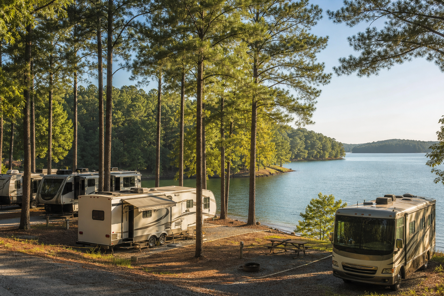 RV campground on the wooded shoreline of Lake Hartwell in Fair Play, SC